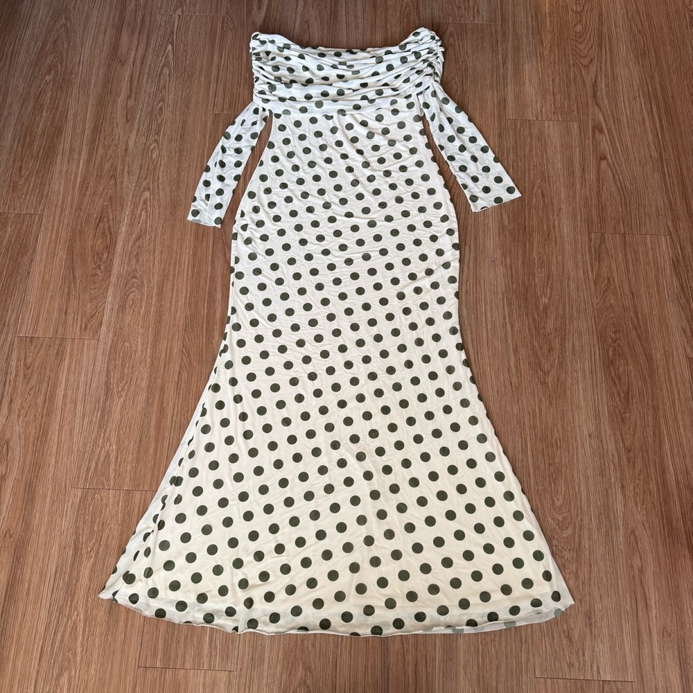 AFRM Off-Shoulder Cream Dress with Olive Green Polka Dots